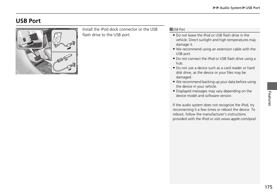 P 175, Usb port | HONDA 1984 Accord Sedan - Owner's Manual User Manual | Page 176 / 593