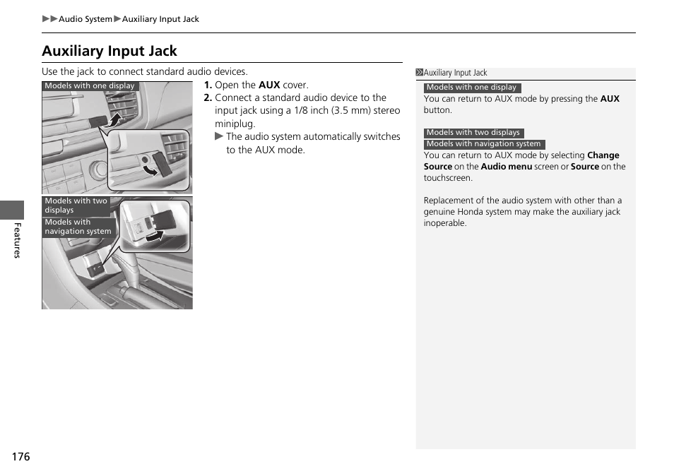 P 176), Auxiliary input jack | HONDA 1984 Accord Sedan - Owner's Manual User Manual | Page 177 / 593