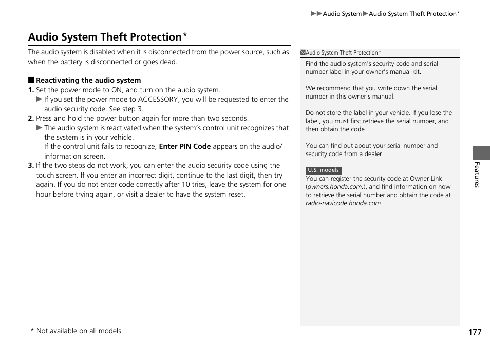 Audio system theft protection | HONDA 1984 Accord Sedan - Owner's Manual User Manual | Page 178 / 593