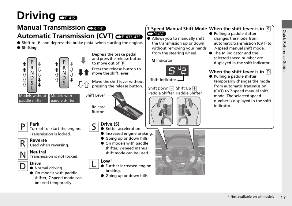 Driving (p 415), Driving, Manual transmission | Automatic transmission (cvt) | HONDA 1984 Accord Sedan - Owner's Manual User Manual | Page 18 / 593