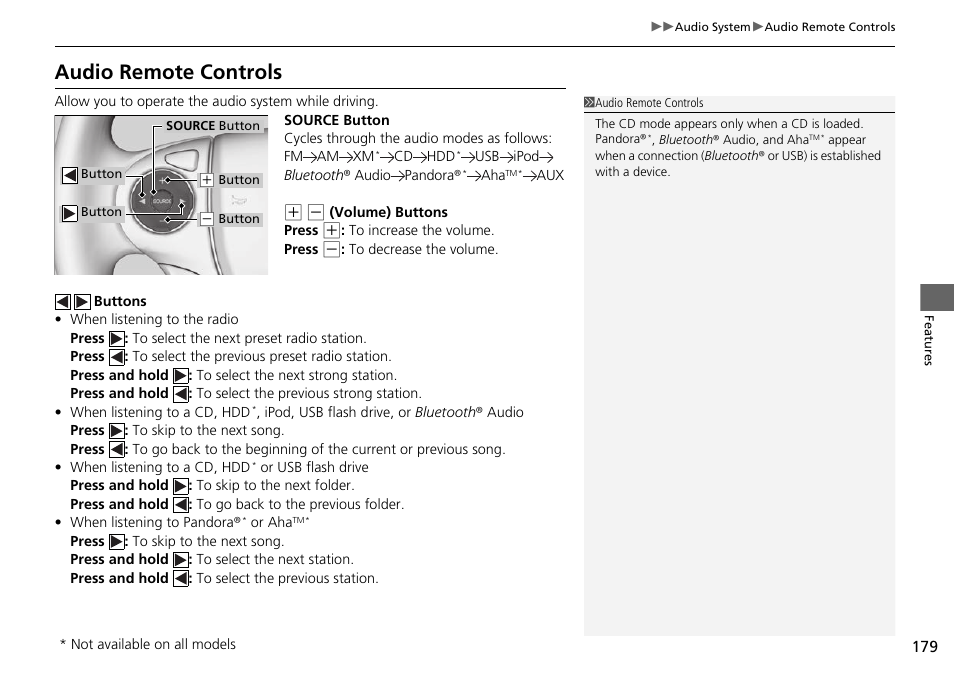 P 179), P 179, Audio remote controls | HONDA 1984 Accord Sedan - Owner's Manual User Manual | Page 180 / 593