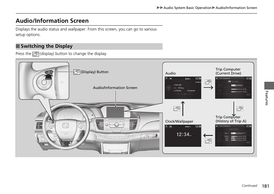 P 181, 206, 23, P 181, 206, 238, Audio/information screen | Switching the display | HONDA 1984 Accord Sedan - Owner's Manual User Manual | Page 182 / 593