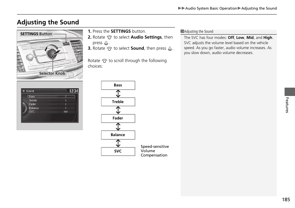 Adjusting the sound | HONDA 1984 Accord Sedan - Owner's Manual User Manual | Page 186 / 593