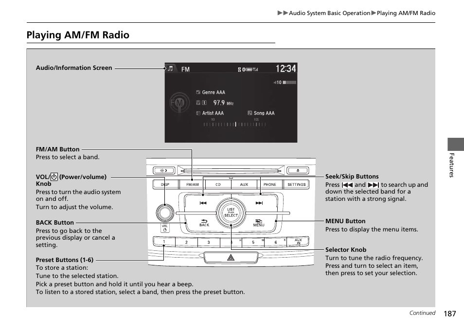 Playing am/fm radio | HONDA 1984 Accord Sedan - Owner's Manual User Manual | Page 188 / 593