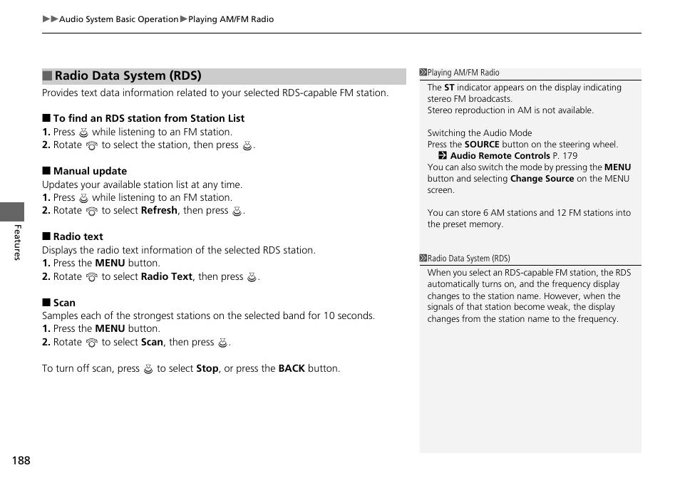 Radio text p. 188, Scan p | HONDA 1984 Accord Sedan - Owner's Manual User Manual | Page 189 / 593