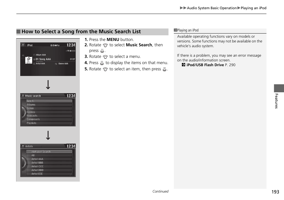 How to select a song from the music search list | HONDA 1984 Accord Sedan - Owner's Manual User Manual | Page 194 / 593