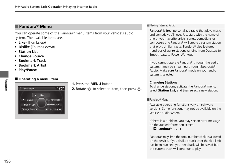 Pandora® menu | HONDA 1984 Accord Sedan - Owner's Manual User Manual | Page 197 / 593