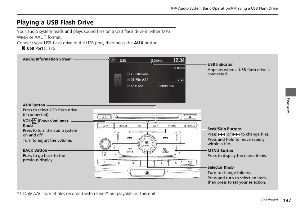 Playing a usb flash drive | HONDA 1984 Accord Sedan - Owner's Manual User Manual | Page 198 / 593