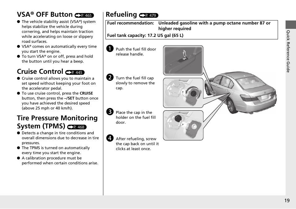 Vsa® off button, Cruise control, Tire pressure monitoring system (tpms) | Refueling | HONDA 1984 Accord Sedan - Owner's Manual User Manual | Page 20 / 593