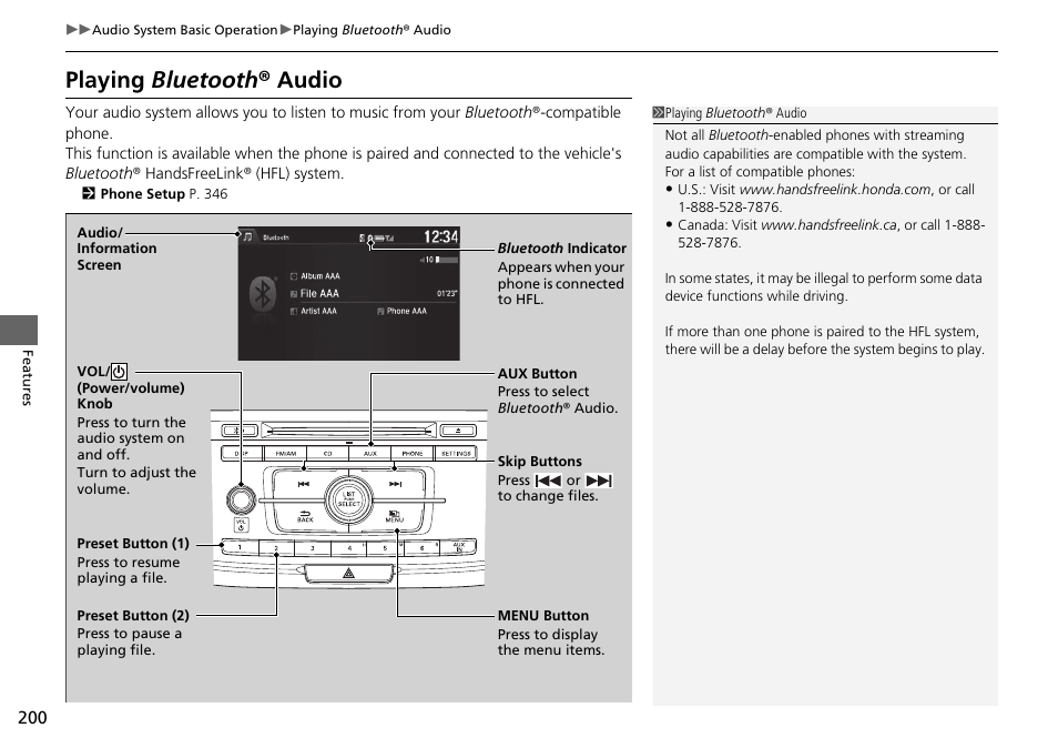 Playing bluetooth ® audio | HONDA 1984 Accord Sedan - Owner's Manual User Manual | Page 201 / 593