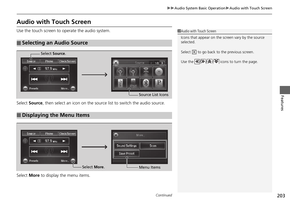 P 203, Audio with touch screen, Selecting an audio source | Displaying the menu items | HONDA 1984 Accord Sedan - Owner's Manual User Manual | Page 204 / 593