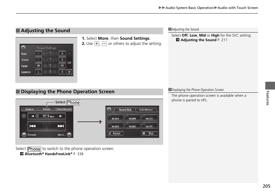 Adjusting the sound, Displaying the phone operation screen | HONDA 1984 Accord Sedan - Owner's Manual User Manual | Page 206 / 593