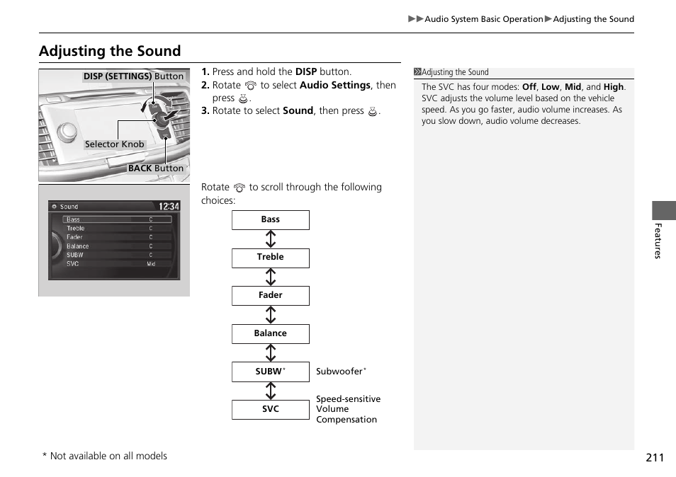 Adjusting the sound | HONDA 1984 Accord Sedan - Owner's Manual User Manual | Page 212 / 593