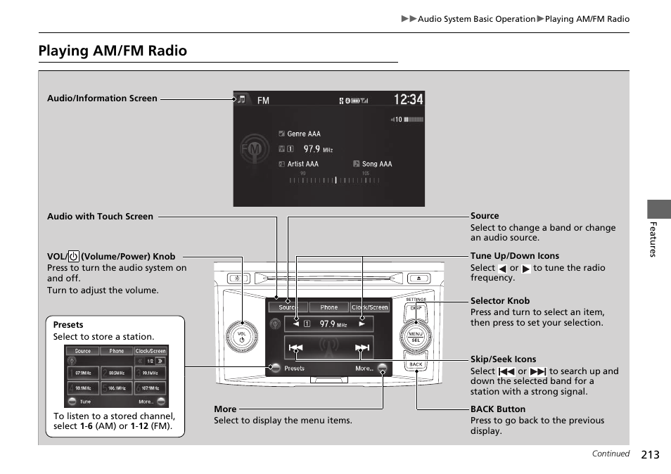 Playing am/fm radio | HONDA 1984 Accord Sedan - Owner's Manual User Manual | Page 214 / 593