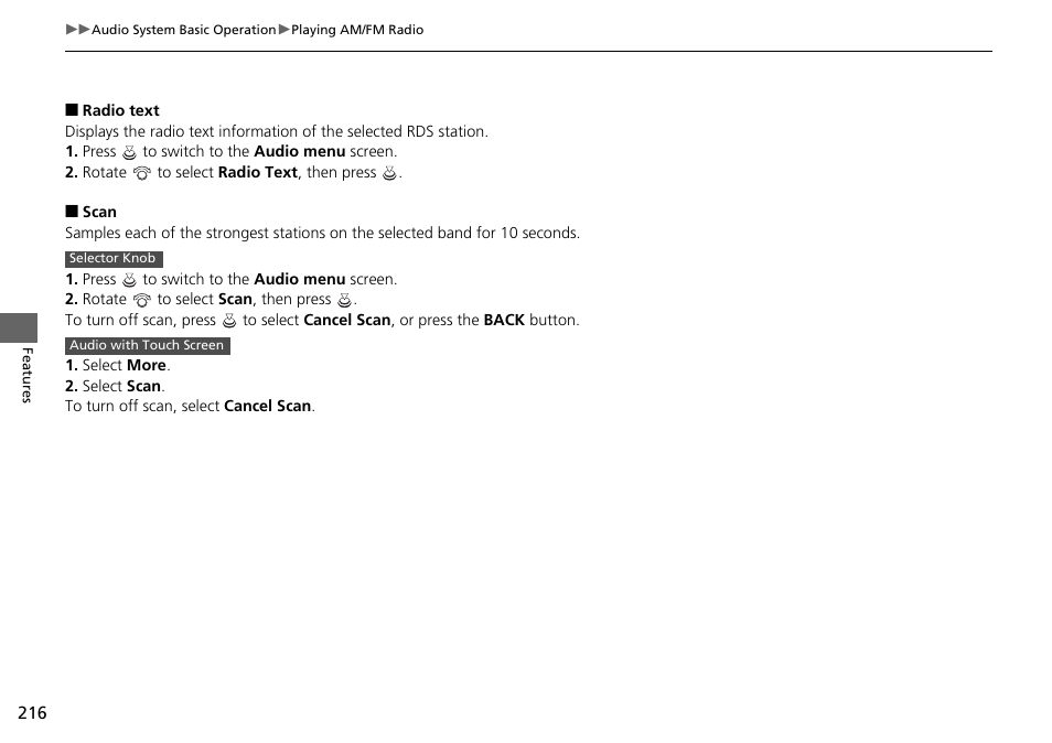 Radio text p. 216 | HONDA 1984 Accord Sedan - Owner's Manual User Manual | Page 217 / 593