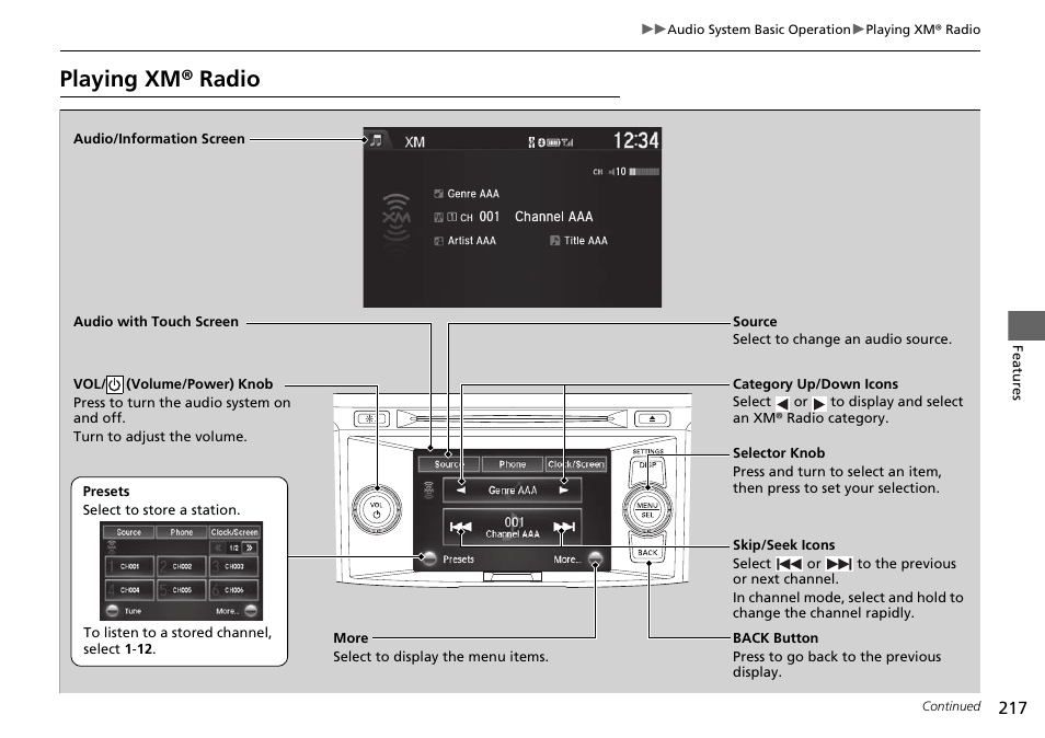 Playing xm® radio | HONDA 1984 Accord Sedan - Owner's Manual User Manual | Page 218 / 593