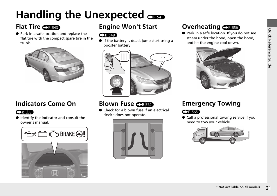 Handling the unexpected (p 541), Handling the unexpected, Flat tire | Indicators come on, Engine won't start, Blown fuse, Overheating, Emergency towing | HONDA 1984 Accord Sedan - Owner's Manual User Manual | Page 22 / 593