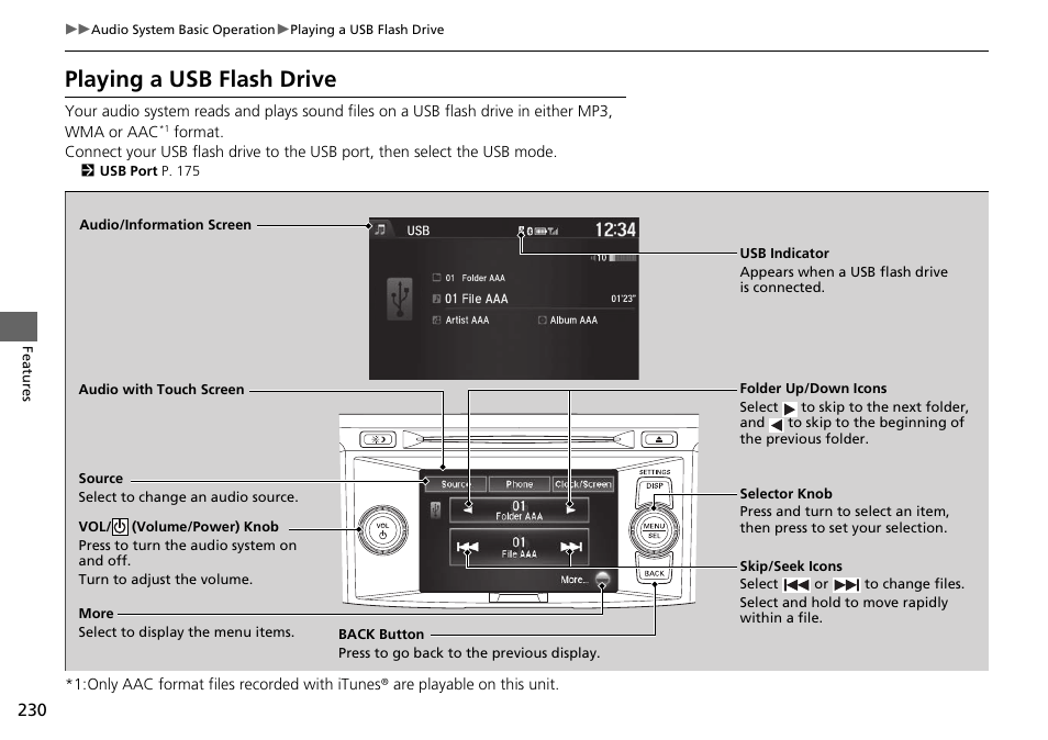 Playing a usb flash drive | HONDA 1984 Accord Sedan - Owner's Manual User Manual | Page 231 / 593