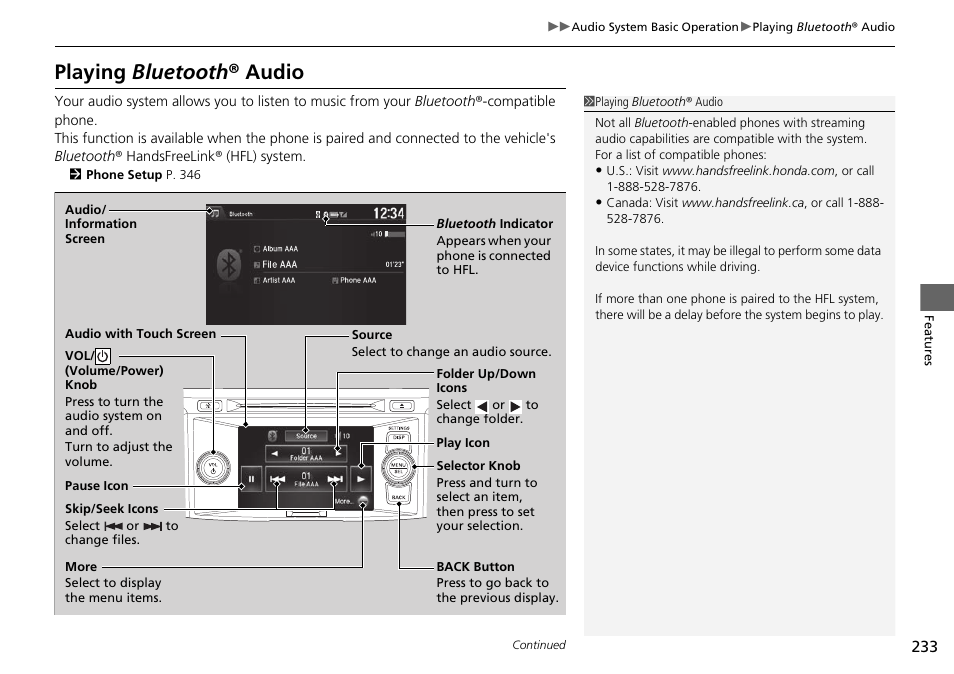 Playing bluetooth ® audio | HONDA 1984 Accord Sedan - Owner's Manual User Manual | Page 234 / 593