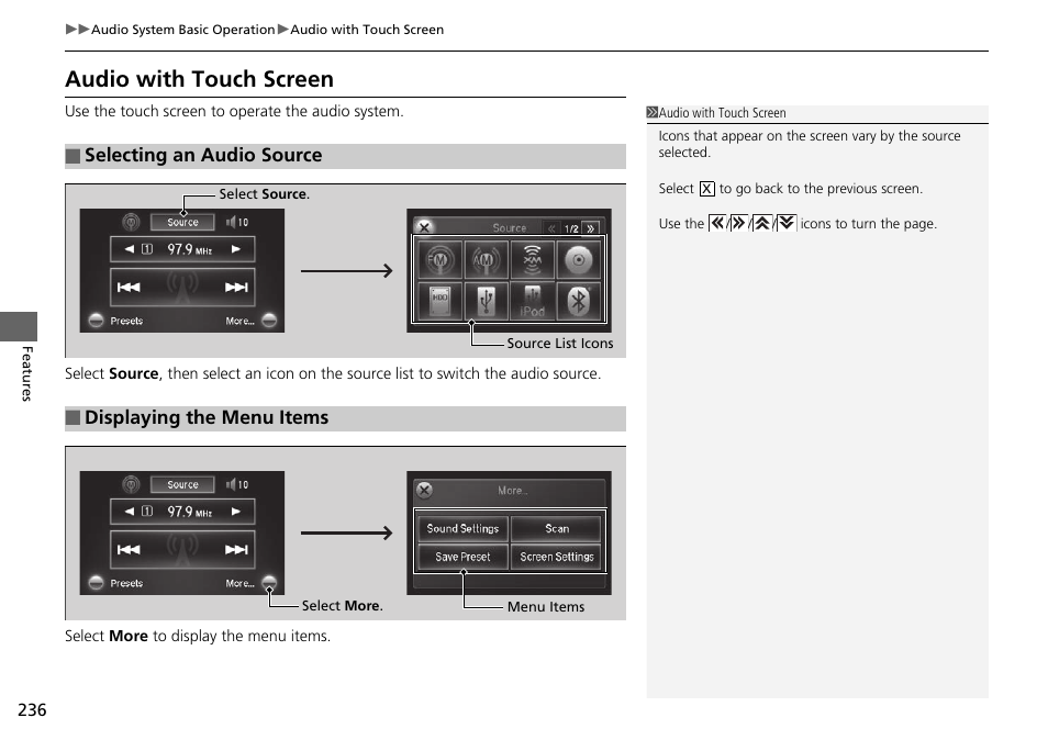 Audio with touch screen, Selecting an audio source, Displaying the menu items | HONDA 1984 Accord Sedan - Owner's Manual User Manual | Page 237 / 593