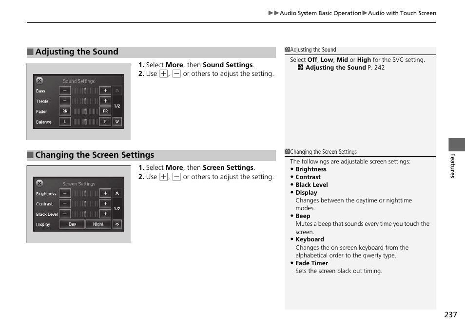 Adjusting the sound, Changing the screen settings | HONDA 1984 Accord Sedan - Owner's Manual User Manual | Page 238 / 593