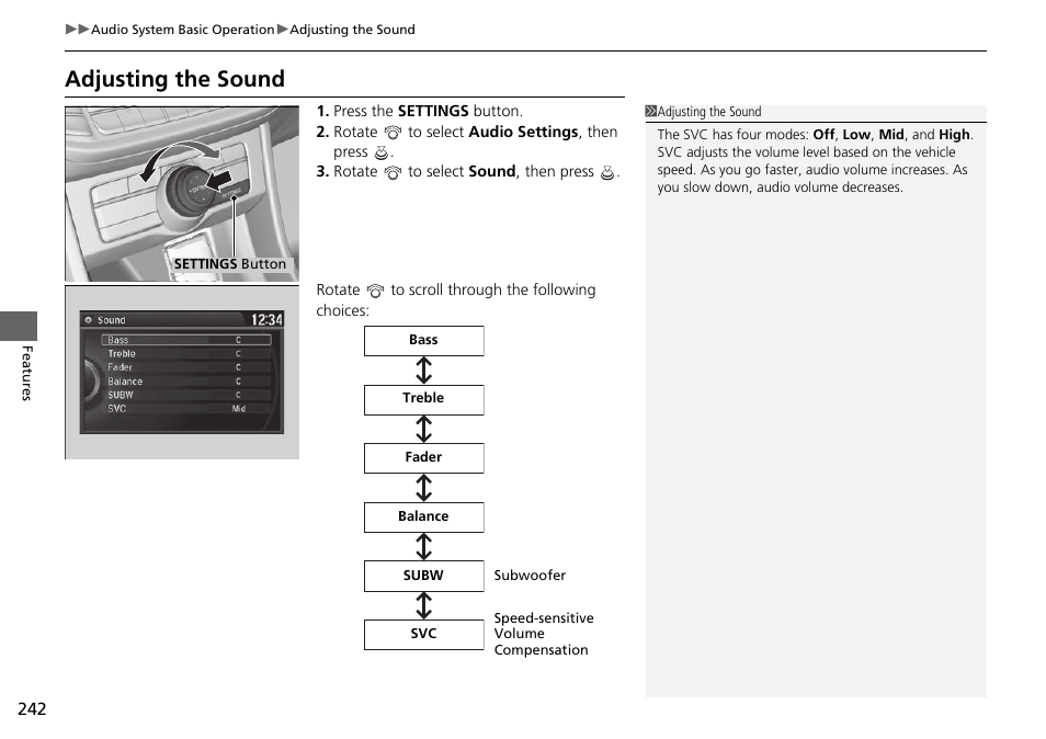 Adjusting the sound | HONDA 1984 Accord Sedan - Owner's Manual User Manual | Page 243 / 593