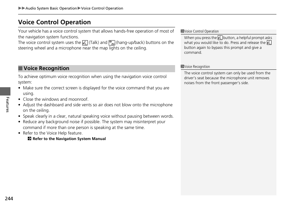 P 244, Voice control operation, Voice recognition | HONDA 1984 Accord Sedan - Owner's Manual User Manual | Page 245 / 593