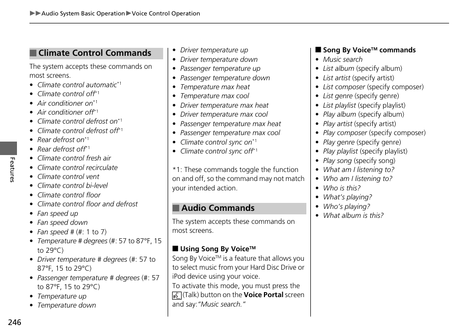 Climate control commands, Audio commands | HONDA 1984 Accord Sedan - Owner's Manual User Manual | Page 247 / 593