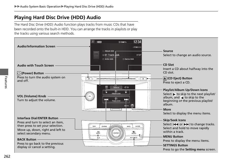 Playing hard disc drive (hdd) audio | HONDA 1984 Accord Sedan - Owner's Manual User Manual | Page 263 / 593