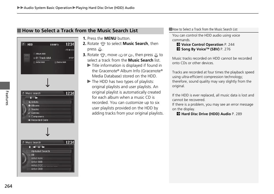 How to select a track from the music search list | HONDA 1984 Accord Sedan - Owner's Manual User Manual | Page 265 / 593