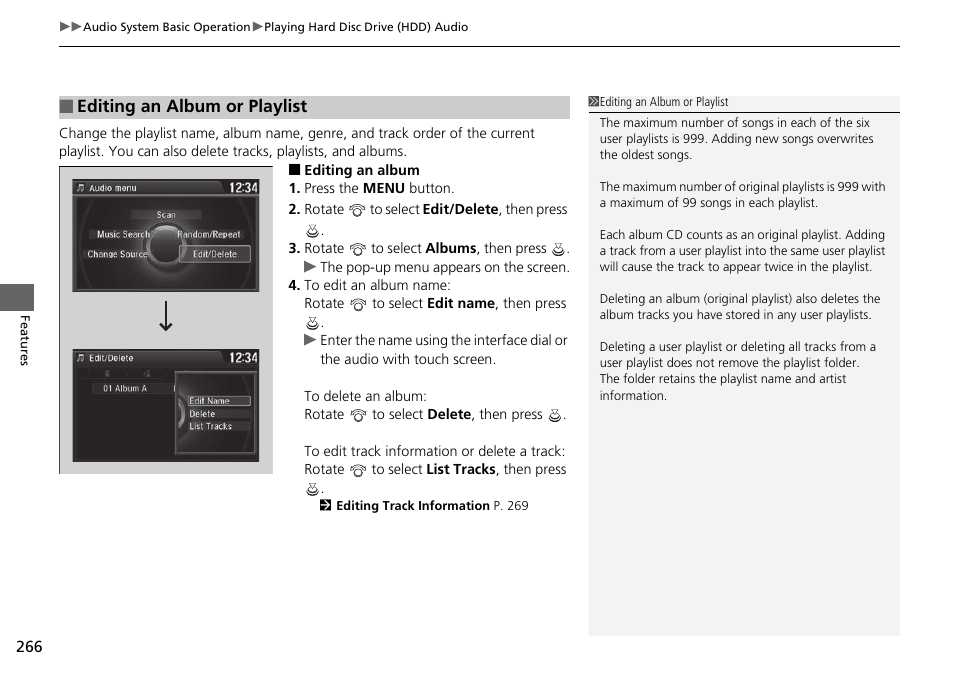 Editing an album or playlist p. 266 | HONDA 1984 Accord Sedan - Owner's Manual User Manual | Page 267 / 593