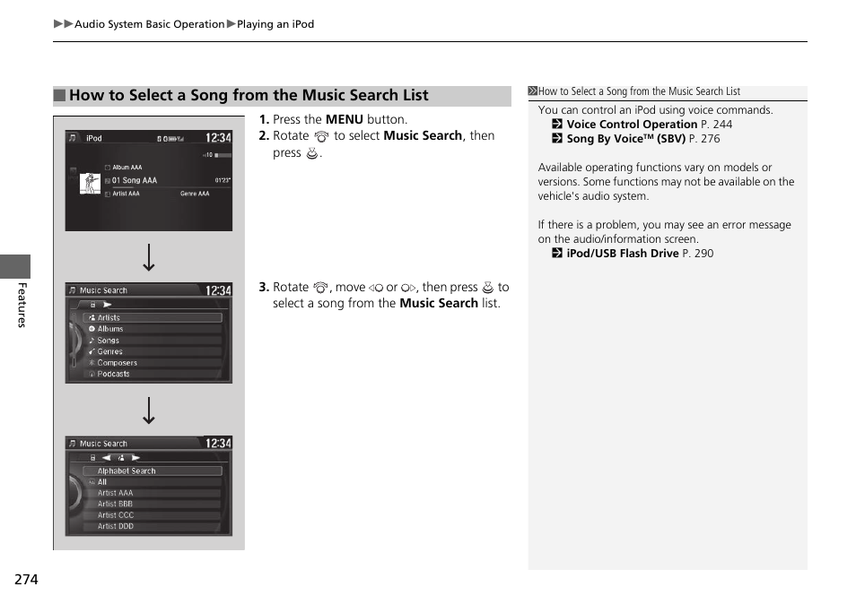 How to select a song from the music search list | HONDA 1984 Accord Sedan - Owner's Manual User Manual | Page 275 / 593