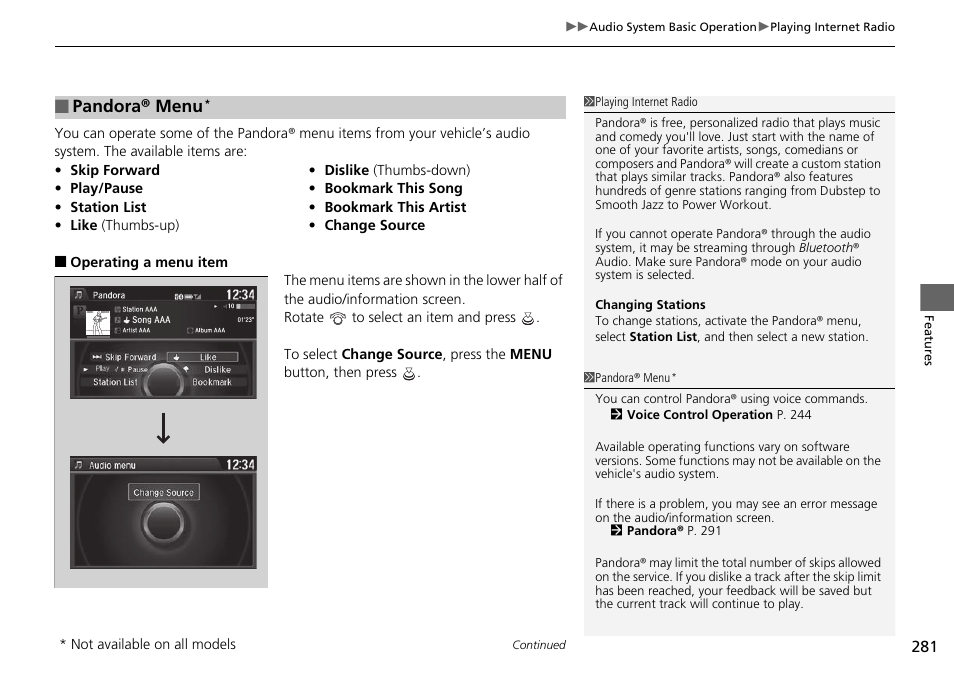 Pandora® menu | HONDA 1984 Accord Sedan - Owner's Manual User Manual | Page 282 / 593