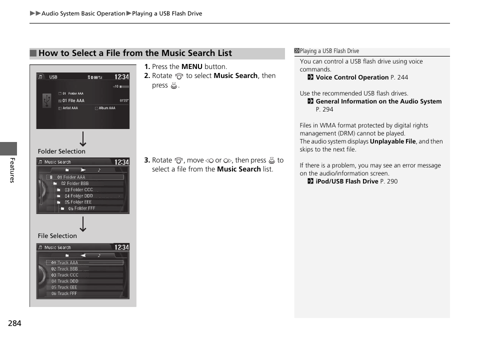 How to select a file from the music search list | HONDA 1984 Accord Sedan - Owner's Manual User Manual | Page 285 / 593