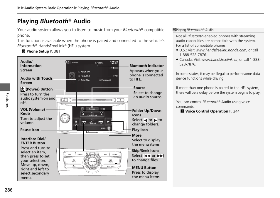 Playing bluetooth ® audio | HONDA 1984 Accord Sedan - Owner's Manual User Manual | Page 287 / 593