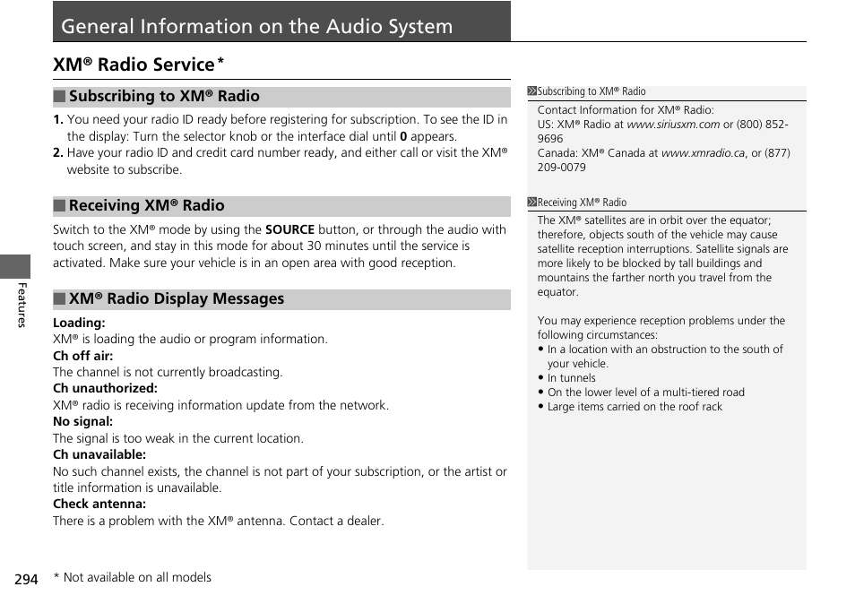 General information on the audio system p. 294, General information on the audio system, Xm® radio service | HONDA 1984 Accord Sedan - Owner's Manual User Manual | Page 295 / 593