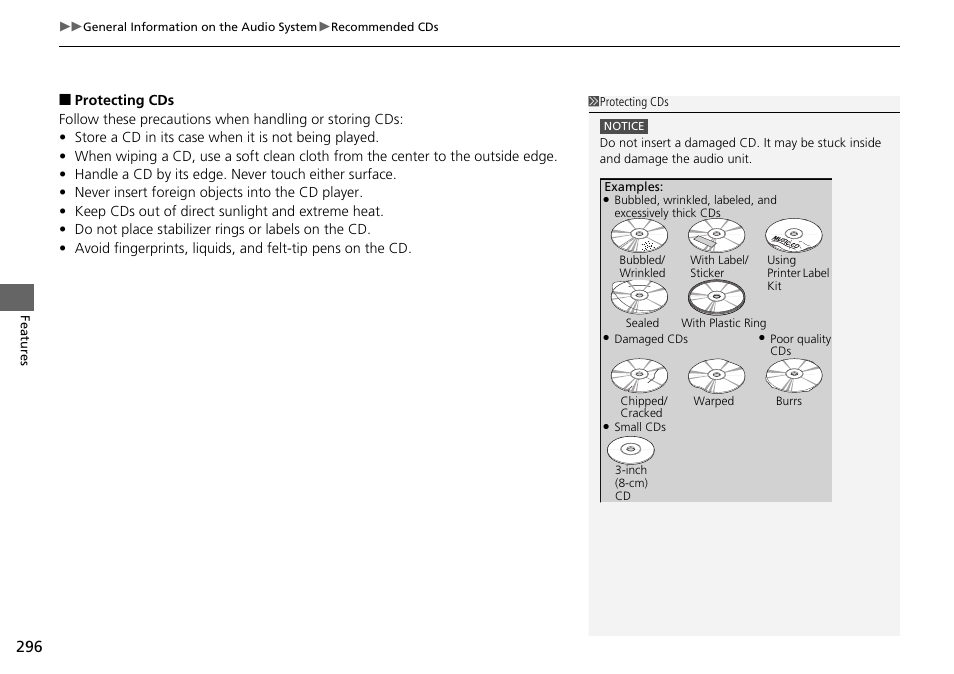 Protecting cds | HONDA 1984 Accord Sedan - Owner's Manual User Manual | Page 297 / 593