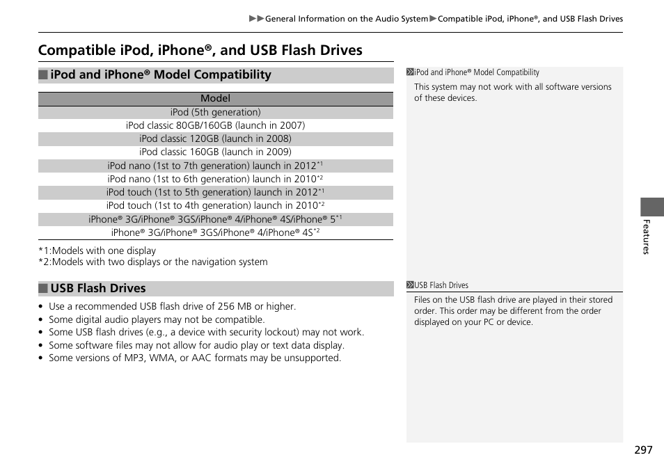 Compatible ipod, iphone®, and usb flash drives, Ipod and iphone® model compatibility, Usb flash drives | HONDA 1984 Accord Sedan - Owner's Manual User Manual | Page 298 / 593