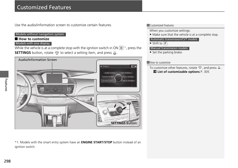 Customized features, Customized features p. 298 | HONDA 1984 Accord Sedan - Owner's Manual User Manual | Page 299 / 593