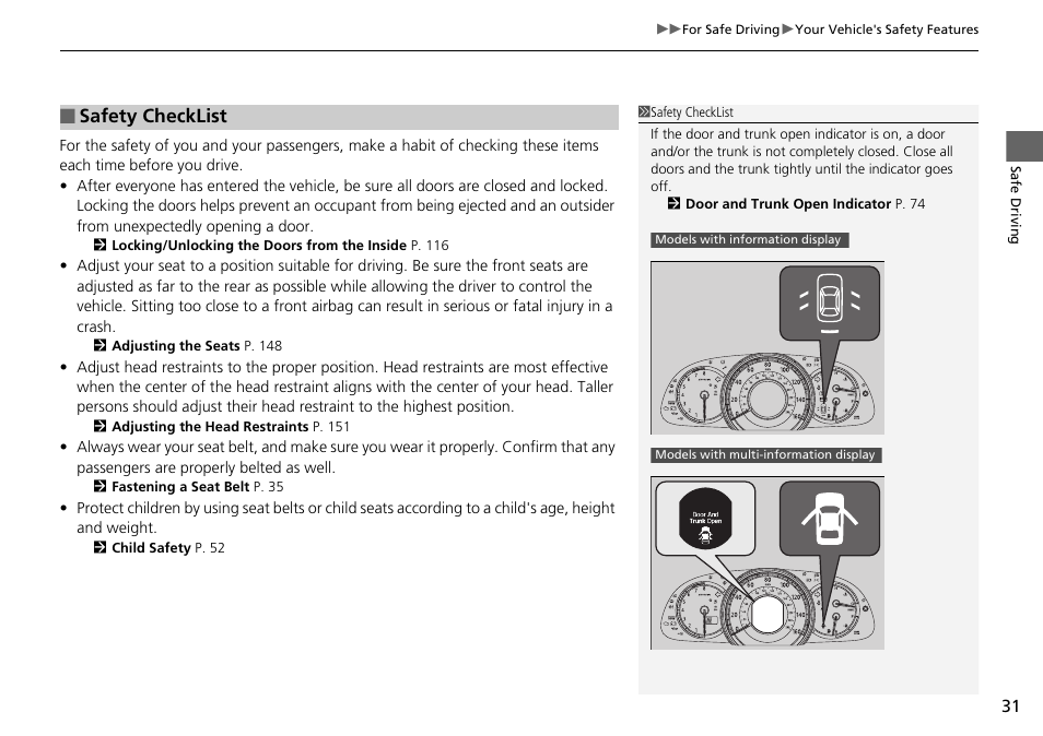 P 31, Safety checklist | HONDA 1984 Accord Sedan - Owner's Manual User Manual | Page 32 / 593