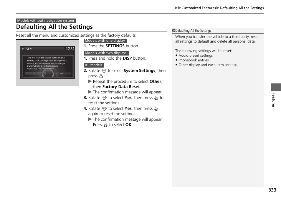 Defaulting all the settings p. 333, Defaulting all the settings | HONDA 1984 Accord Sedan - Owner's Manual User Manual | Page 334 / 593