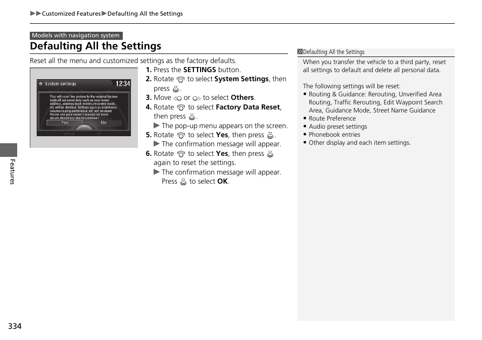 Defaulting all the settings | HONDA 1984 Accord Sedan - Owner's Manual User Manual | Page 335 / 593