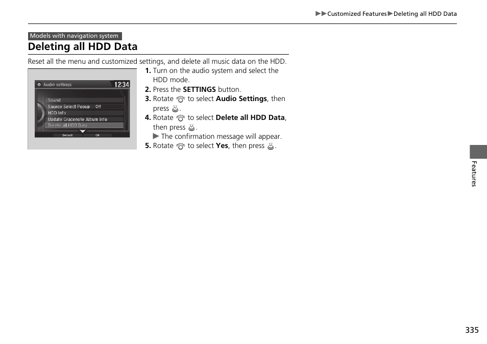 Deleting all hdd data p. 335, Deleting all hdd data | HONDA 1984 Accord Sedan - Owner's Manual User Manual | Page 336 / 593