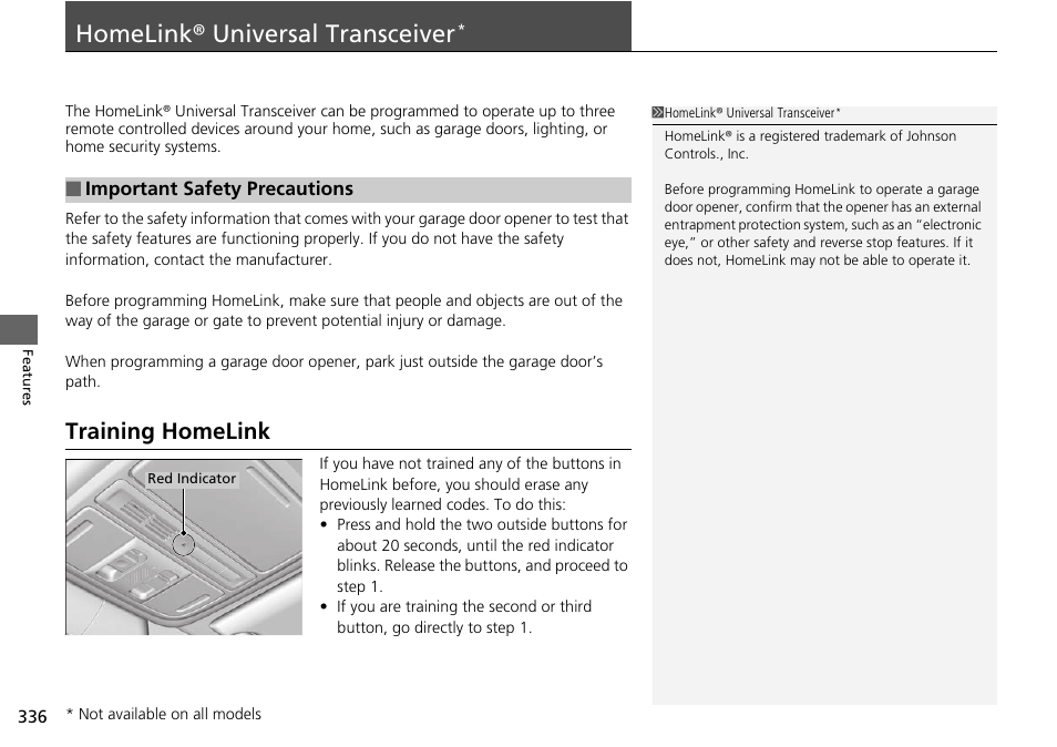 Homelink® universal transceiver, P. 336, Training homelink | HONDA 1984 Accord Sedan - Owner's Manual User Manual | Page 337 / 593