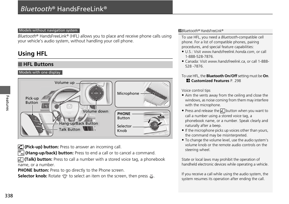 Bluetooth ® handsfreelink® p, Bluetooth ® handsfreelink, Using hfl | Hfl buttons | HONDA 1984 Accord Sedan - Owner's Manual User Manual | Page 339 / 593