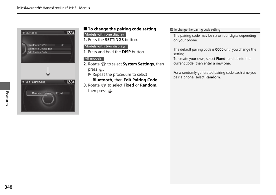 To change the pairing code setting | HONDA 1984 Accord Sedan - Owner's Manual User Manual | Page 349 / 593