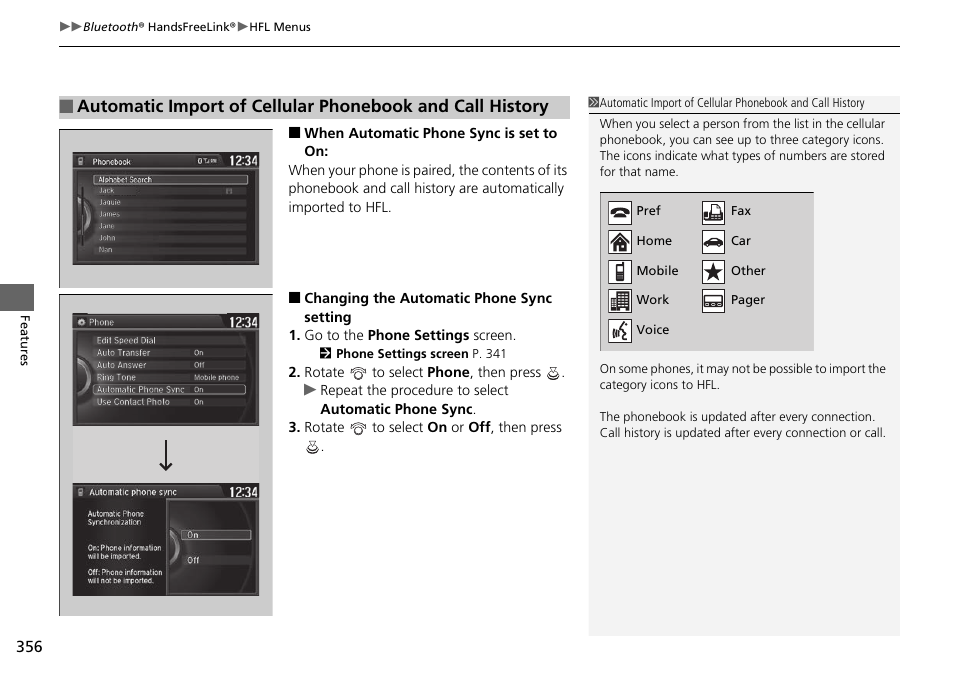 Changing the automatic phone sync, Setting p. 356 | HONDA 1984 Accord Sedan - Owner's Manual User Manual | Page 357 / 593