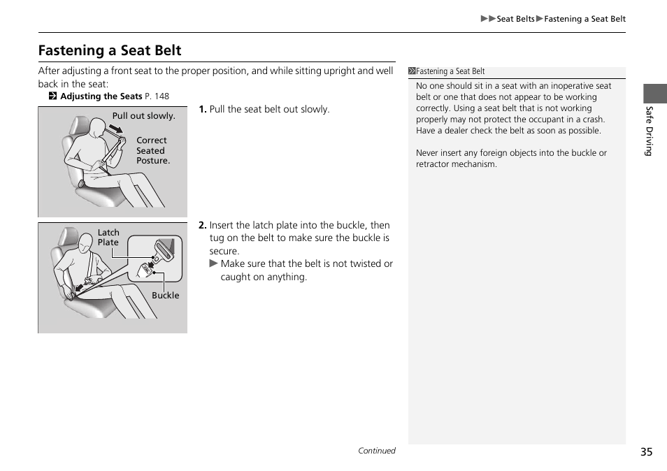 Fastening a seat belt | HONDA 1984 Accord Sedan - Owner's Manual User Manual | Page 36 / 593