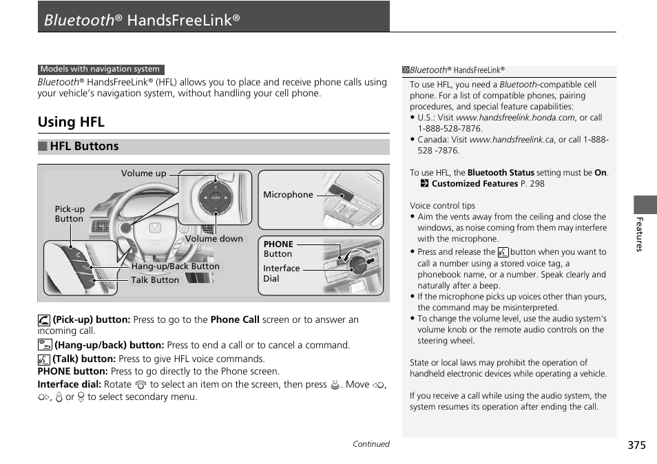 Bluetooth ® handsfreelink, Using hfl, Hfl buttons | HONDA 1984 Accord Sedan - Owner's Manual User Manual | Page 376 / 593