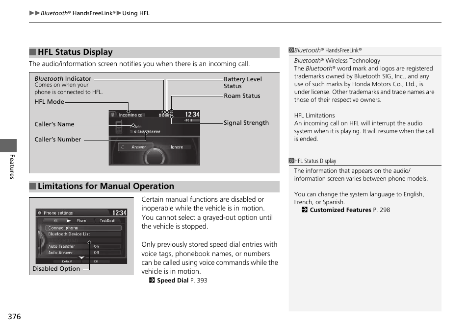 Hfl status display, Limitations for manual operation | HONDA 1984 Accord Sedan - Owner's Manual User Manual | Page 377 / 593